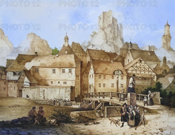 Place and castle ruins Waischenfeld, Franconian Switzerland, around 1850, climatic health resort, district Bayreuth, Upper Franconia, Bavaria, Germany, digitally enhanced reproduction from a 19th century original, coloured, historical, exact date unknown