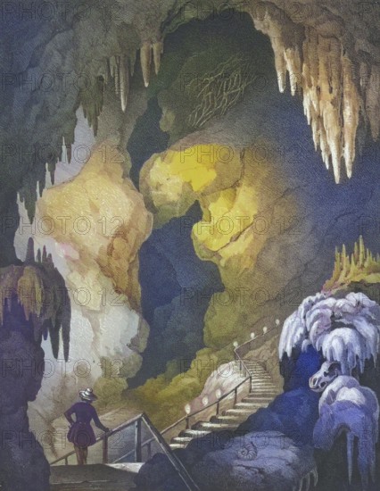 Rosenmüllerhöhle, also Rosenmüllershöhle, natural karst cave near Muggendorf, Franconian Switzerland, district of Forchheim, Upper Franconia, Bavaria, Germany, digitally enhanced reproduction from a 19th century original, coloured, historical, exact date unknown