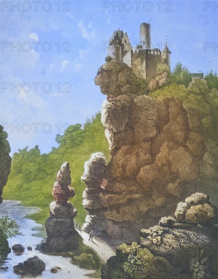 Rabenstein Castle, high medieval Spornburg, Ahorntal, Franconian Switzerland, Bayreuth district, Upper Franconia, Bavaria, Germany, digitally enhanced reproduction from a 19th century original, coloured, historical, exact date unknown