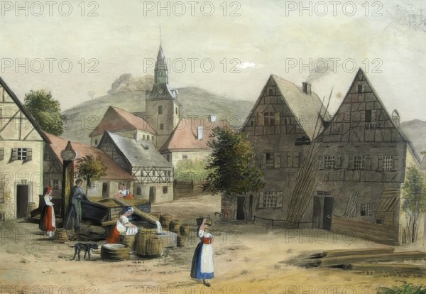Village square in Muggendorf, climatic health resort, around 1850, Franconian Switzerland, district of Forchheim, Upper Franconia, Bavaria, Germany, digitally enhanced reproduction from a 19th century original, coloured, historical, exact date unknown