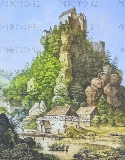 Rabeneck Castle, around 1850, high medieval noble castle, Franconian Switzerland, Bayreuth district, Upper Franconia, Bavaria, Germany, digitally enhanced reproduction from a 19th century original, coloured, historical, exact date unknown