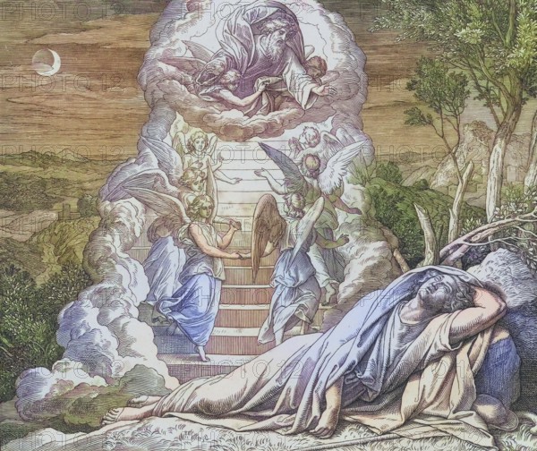 Biblical story, The vision of Jacob's ladder, ladder to heaven is an ascent and descent between earth and heaven, which Jacob sees in a dream vision during his flight from Esau from Be?er Sheva to Harran according to the biblical narrative in Gen 28, 11, digitally enhanced reproduction of a wood engraving by Julius Schnorr von Carolsfeld, historical, around 1860, exact date unknown