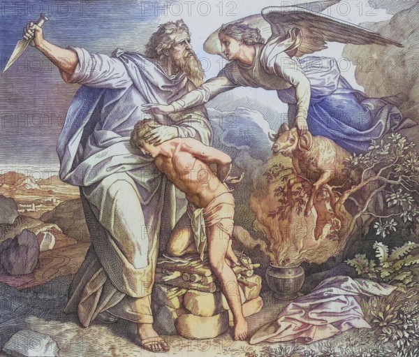 Biblical story, The Sacrifice of Isaac, digitally enhanced reproduction of a wood engraving by Julius Schnorr von Carolsfeld, historical, around 1860, exact date unknown