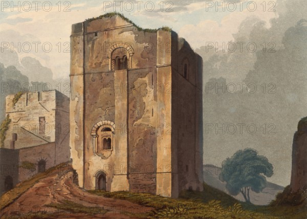 Watchtower of Goodrich Castle, medieval castle ruin from Norman times, north of the village of Goodrich in the English county of Herefordshire, England, around 1850, after a painting by Theodore Henry Adolphus Fielding, digitally enhanced reproduction, historical, exact date unknown