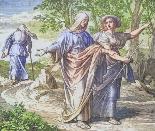 Biblical story, Ruth follows Naomi, the older of the two main female characters in the Book of Ruth, a book of the Tanakh, to Bethlehem, digitally enhanced reproduction of a wood engraving by Julius Schnorr von Carolsfeld, historical, around 1860, exact date unknown