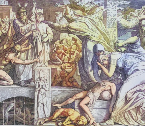 Biblical History, The Killing of the Firstborn of Egypt, digitally enhanced reproduction of a wood engraving by Julius Schnorr von Carolsfeld, historical, c. 1860, exact date unknown