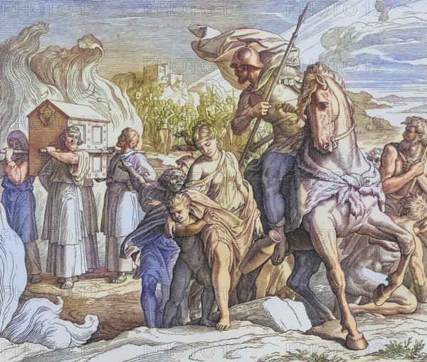 Biblical history, The waters of the Jordan are divided, digitally enhanced reproduction of a wood engraving by Julius Schnorr von Carolsfeld, historical, around 1860, exact date unknown