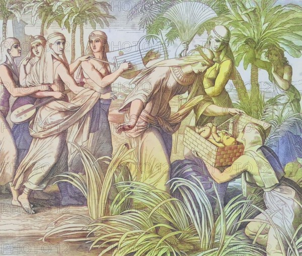 Biblical story, Moses is found in a basket, digitally enhanced reproduction of a wood engraving by Julius Schnorr von Carolsfeld, historical, around 1860, exact date unknown