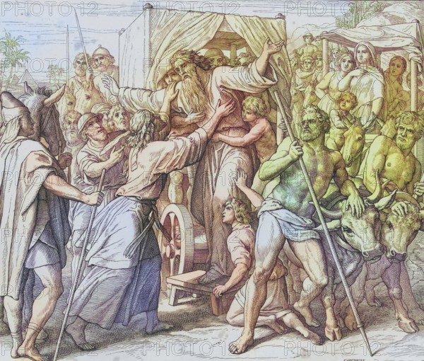 Biblical history, Israel moves to Egypt, digitally enhanced reproduction of a wood engraving by Julius Schnorr von Carolsfeld, historical, around 1860, exact date unknown