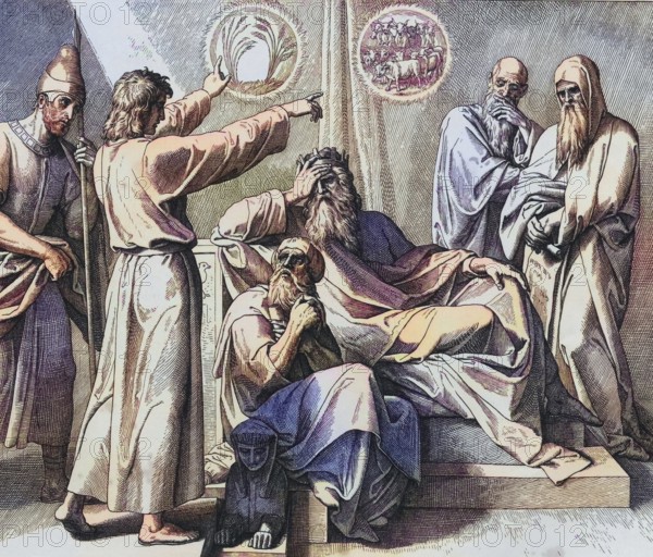 Biblical story, Joseph interprets Pharaoh's dream, digitally enhanced reproduction of a wood engraving by Julius Schnorr von Carolsfeld, historical, around 1860, exact date unknown
