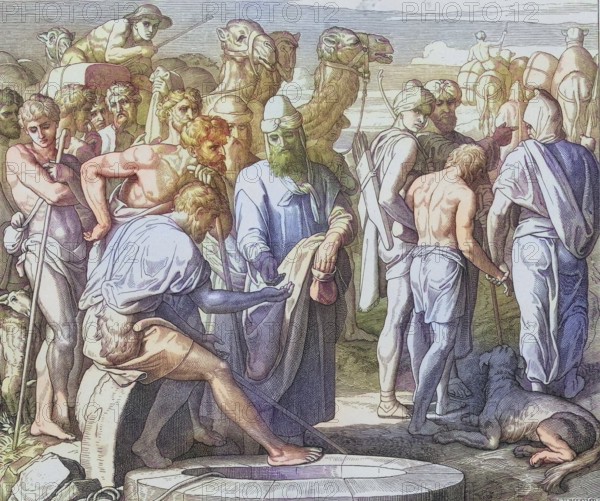 Biblical story, Joseph is sold by his brothers, digitally enhanced reproduction of a wood engraving by Julius Schnorr von Carolsfeld, historical, around 1860, exact date unknown