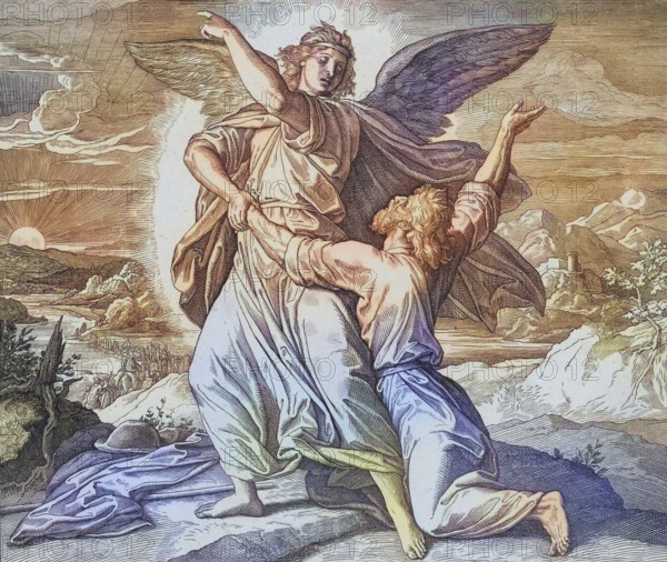 Biblical story, Jacob wrestling with the angel of the Lord, digitally enhanced reproduction of a wood engraving by Julius Schnorr von Carolsfeld, historical, around 1860, exact date unknown