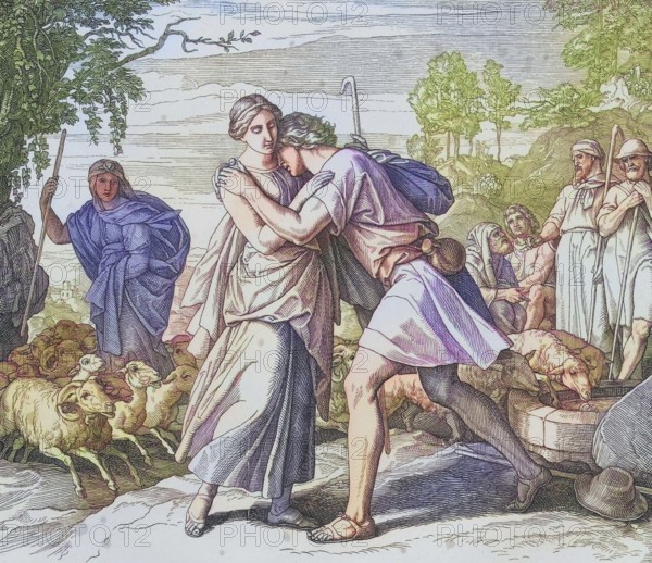 Biblical story, Jacob and Rachel at the well, digitally enhanced reproduction of a wood engraving by Julius Schnorr von Carolsfeld, historical, around 1860, exact date unknown