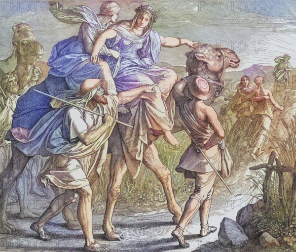 Biblical story, The Meeting of Rebekah and Isaac, digitally enhanced reproduction of a wood engraving by Julius Schnorr von Carolsfeld, historical, around 1860, exact date unknown