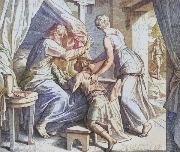 Biblical story, Jacob receives the blessing of Isaac, digitally enhanced reproduction of a wood engraving by Julius Schnorr von Carolsfeld, historical, around 1860, exact date unknown
