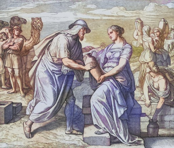 Biblical story, Abraham's servant meets Rebekah, woman of Isaac and mother of the twins Esau and Jacob, digitally enhanced reproduction of a wood engraving by Julius Schnorr von Carolsfeld, historical, around 1860, exact date unknown