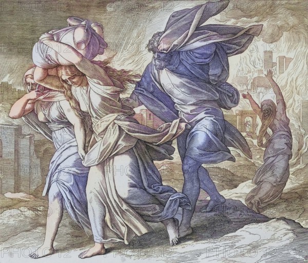 Biblical story, Lot escaped from Sodom, digitally enhanced reproduction of a wood engraving by Julius Schnorr von Carolsfeld, historical, around 1860, exact date unknown