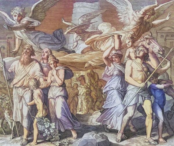 Biblical History, The Building of the Tower of Babel, digitally enhanced reproduction of a wood engraving by Julius Schnorr von Carolsfeld, historical, around 1860, exact date unknown