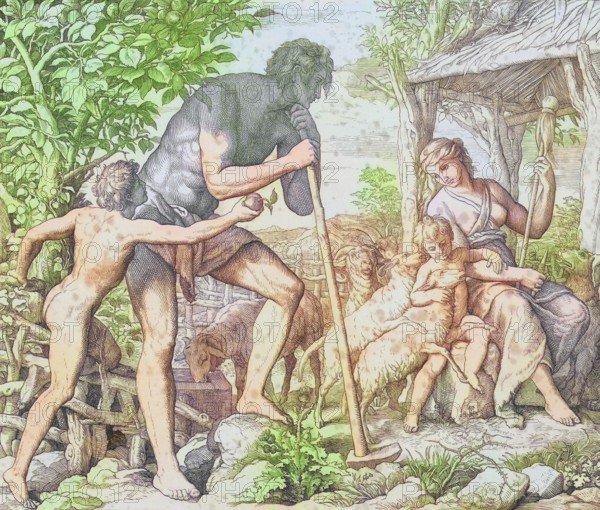 Biblical story, Adam and Eve after the Fall, digitally enhanced reproduction of a wood engraving by Julius Schnorr von Carolsfeld, historical, around 1860, exact date unknown