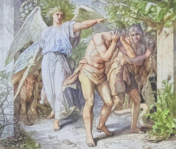 Biblical story, The Expulsion from Paradise, digitally enhanced reproduction of a wood engraving by Julius Schnorr von Carolsfeld, historical, around 1860, exact date unknown