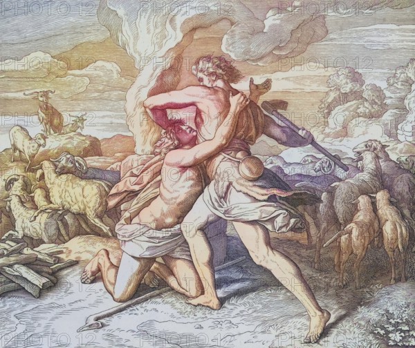 Biblical story, Cain kills his brother Abel, digitally enhanced reproduction of a wood engraving by Julius Schnorr von Carolsfeld, historical, around 1860, exact date unknown