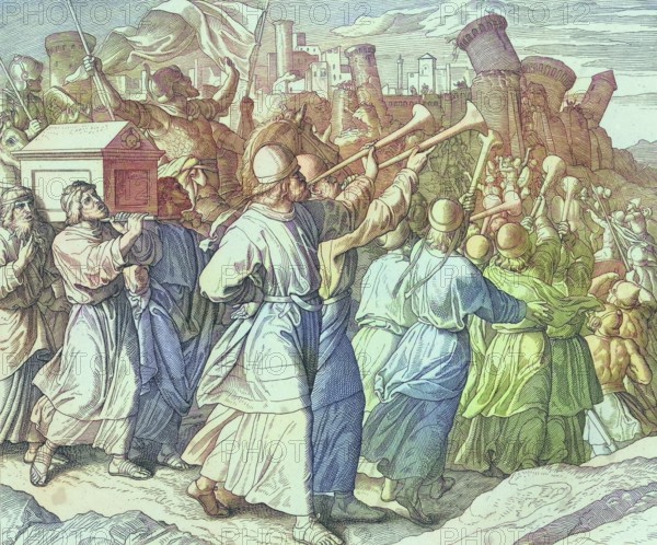 Biblical history, The walls of Jericho fall, digitally enhanced reproduction of a wood engraving by Julius Schnorr von Carolsfeld, historical, around 1860, exact date unknown