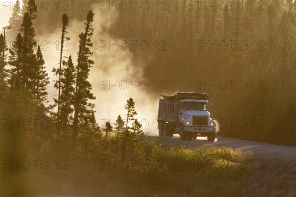 Transport truck driving on a dusty forest track, Province of Quebec, Canada, North America