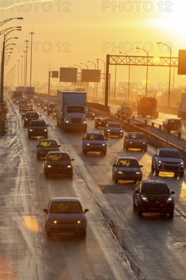 Traffic entering the city of Montreal at sunset, Traffic jam, Province of Quebec, Canada, North America