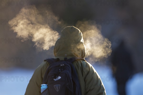 Person walking in very cold weather, Visual effect of the steam seen when exhaling in cold weather. City of Montreal, Province of Quebec, Canada, North America