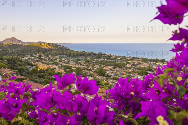 From the hilly hinterland you have an unobstructed view over the Costa Rei, a south-eastern coastal section of the Italian Mediterranean island of Sardinia, Sardinia, Costa Rei, Italy
