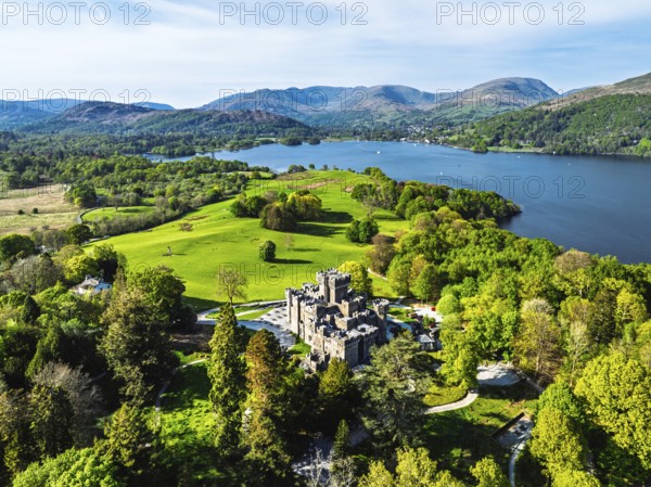 Wray Castle from a drone, Lake Windermere, Ambleside, Lake District, Cumbria, England, United Kingdom