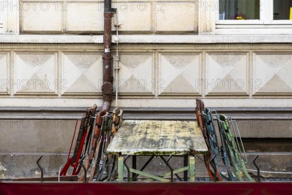 Folded chairs at a beer table in the Luisenstraße in Wuppertal, Germany