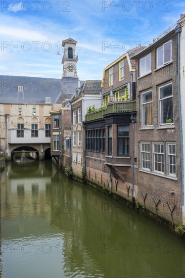 Canal at the back of the town hall (Stadthuis) of Dordrecht, Netherlands, digitally reworked