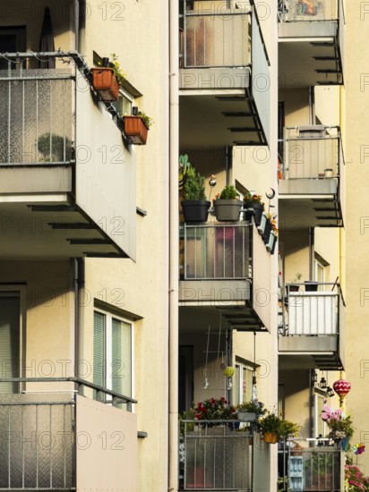 Balconies with planted flower boxes on a tower block in Wuppertal, Germany