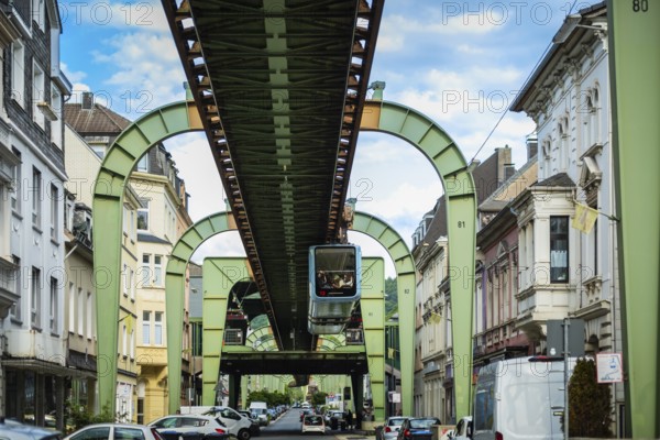 The Wuppertal suspension railway pulls into the Sonnborn stop, Wuppertal, Germany, digitally reworked