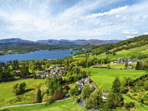Farms and Fields from a drone, Townend house, Troutbeck, Windermere, Lake District, Cumbria, UK
