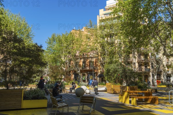 Superblock or Superilla in the Sant Antoni neighbourhood, a heavily car-restricted area of the city in Barcelona, Spain