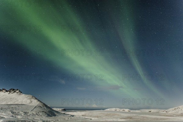 Northern Lights, Close to Vik, Ring Road, Mountains, Frost, Winter, Cold, Snow, Night, Iceland* Northern Lights, Close to Vik, Ring Road, Mountain Range, Cold, Snow, Night, Iceland