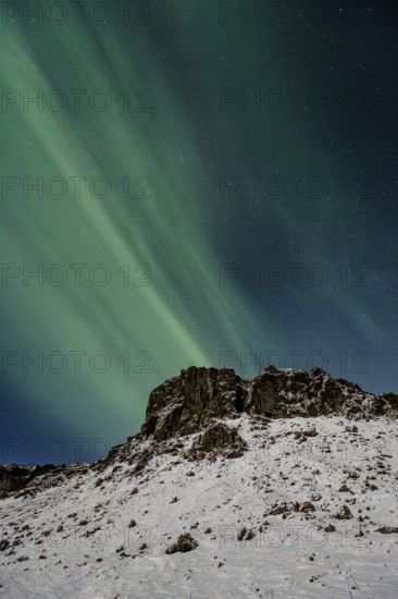 Northern Lights, Close to Vik, Ring Road, Mountains, Frost, Winter, Cold, Snow, Night, Iceland* Northern Lights, Close to Vik, Ring Road, Mountain Range, Cold, Snow, Night, Iceland