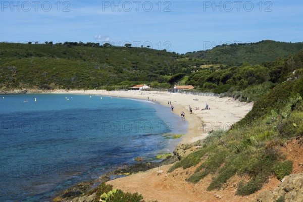 Picturesque coastal hiking trail and wild beach, Sentier du littoral, Plage de Briande, Cap Taillat, Saint Tropez, Var, French Riviera, Provence-Alpes-Cote d'Azur, Cote d Azur, France