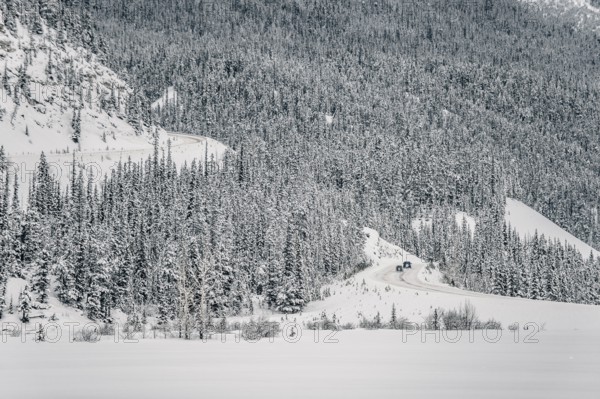Winter road trip on the Icefields Parkway with lots of snow and ice, Banff National Park, Jasper National Park, Alberta, Canada