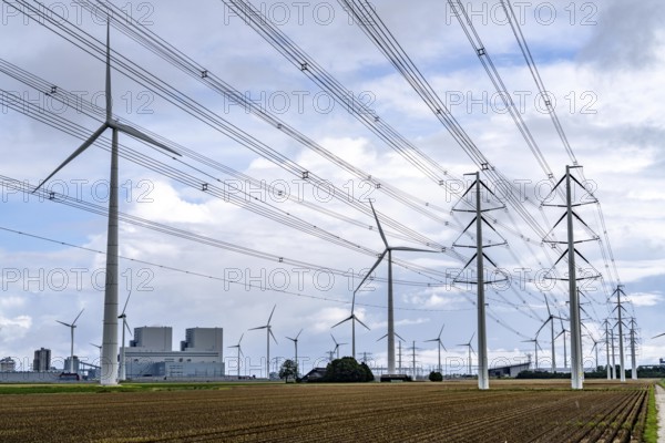 RWE coal-fired power plant Eemshavencentrale, in the seaport of Eemshaven, operator RWE Power, wind farm, Netherlands