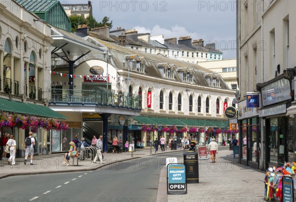 Shops in historic buildings Fleet Street, Torquay, Devon, England, UK