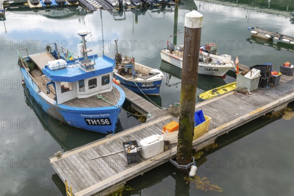 Fishing boats at moorings in harbour, Torquay, Devon, England, UK TH156 'Courageous Spirit'