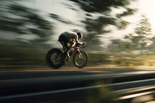 A cyclist, racing cyclist riding his racing bike fast on a road through a rural area, motion blur, speed, accident risk, AI generated, AI generated