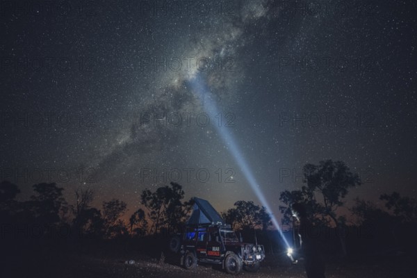 Milky Way in the Australian outback. Camping in a Landrover rooftop tent, Australia