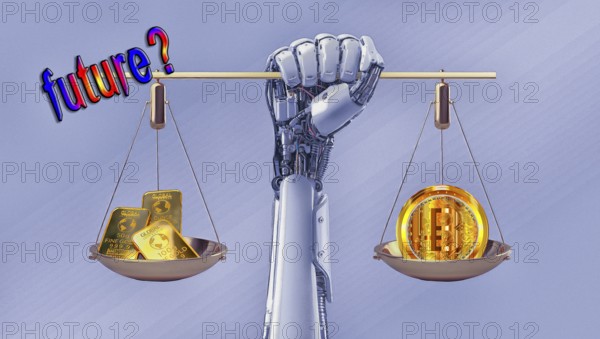 Symbolic image, gold or bitcoin, insecure digital currency, bitcoin, gold as a reserve currency, resources, energy, industry, economy critical, stock market hype, stock market crash, payment, insolvency, wrong decisions, profit, profit slump, share prices, Germany as a business location, global economy, globalisation, environmental protection, mafia, Trump government, bitcoin rally, cryptocurrency, electronic wallet, wallet, crypto reserve, price development, stock market trading