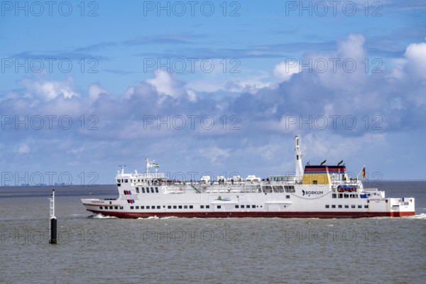 The North Sea car ferry Münsterland, departs from the ferry harbour of Eemshaven, in the Ems estuary, ferry to the German North Sea island of Borkum, by AG Ems Nederland B.V., Borkumlijn, Netherlands