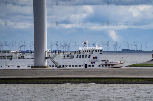 The North Sea car ferry Münsterland, arrives in the ferry harbour of Eemshaven, in the Ems estuary, ferry to the German North Sea island of Borkum, by AG Ems Nederland B.V., Borkumlijn, Netherlands