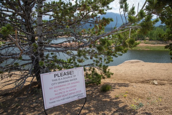 Colorado Springs, Colorado - Crystal Reservoir on Pikes Peak. The reservoir stores water for Colorado Springs, piped 70 miles from the Blue River near Breckenridge. Colorado Springs has a dry climate, getting only 15 inches of rainfall a year